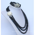 3 Strands Freshwater Black Pearl Jewelry Necklace Sets (ES1332)